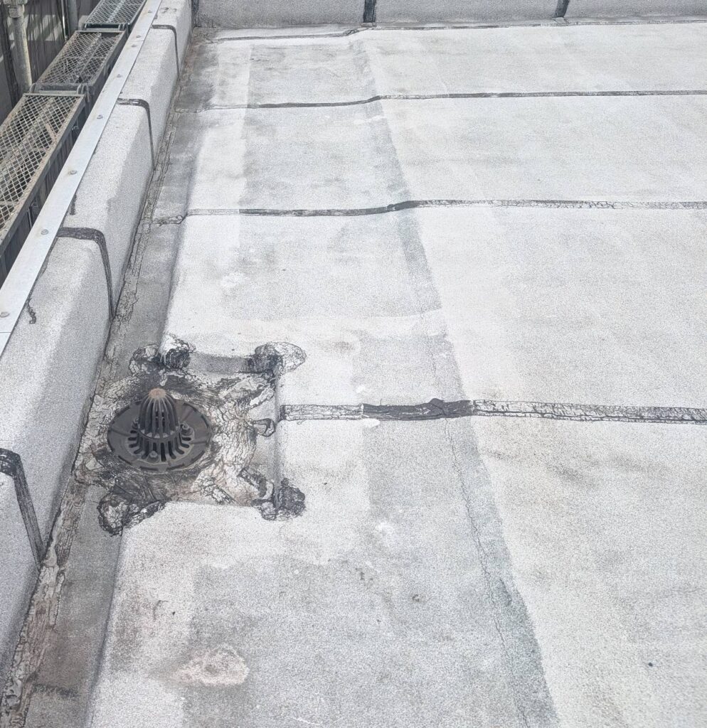 排水溝（ドレン）廻りにはゴミなどが溜まりやすく防水層の剥がれも確認できました。雨漏りの原因にもなりやすい箇所でもあります。